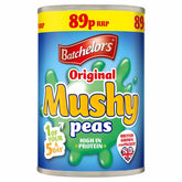 A 300g can of Batchelors Original Mushy Peas, made from British-grown peas, high in protein and 1 of your 5 a day, features a blue and yellow design and is labeled at 89p.